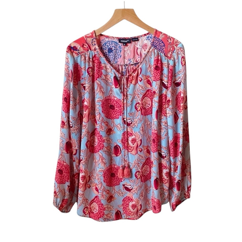 Tolan’s 100% silk pink and blue floral graphic tunic top size XL extra large